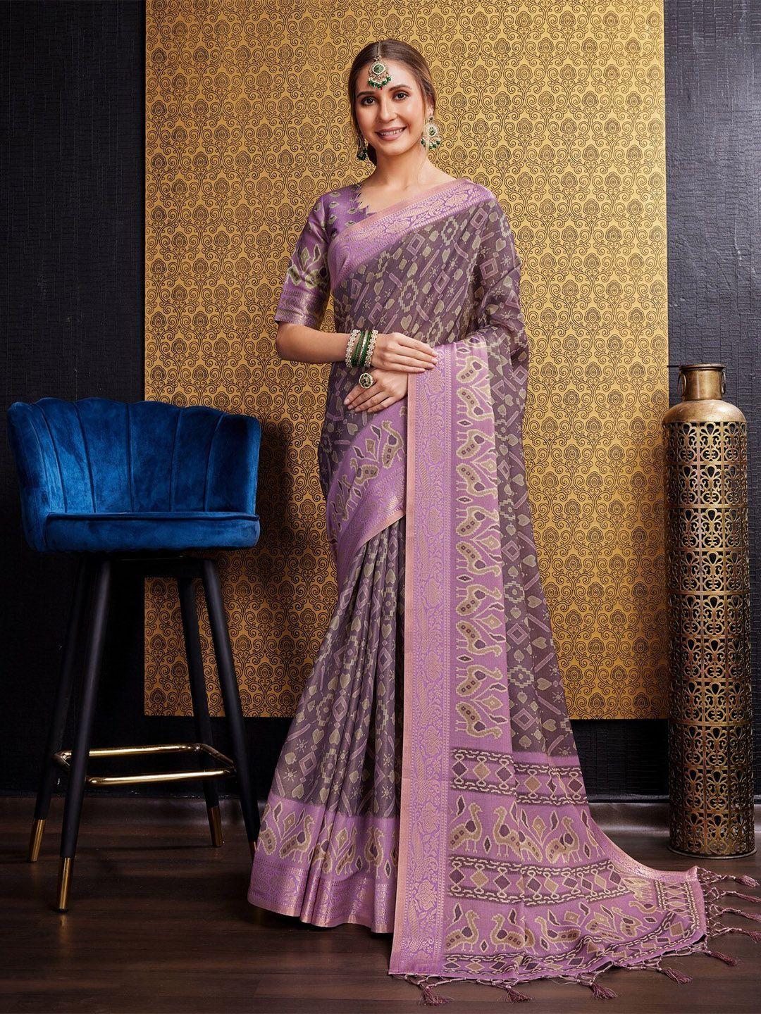 mitera purple geometric printed zari pure silk saree