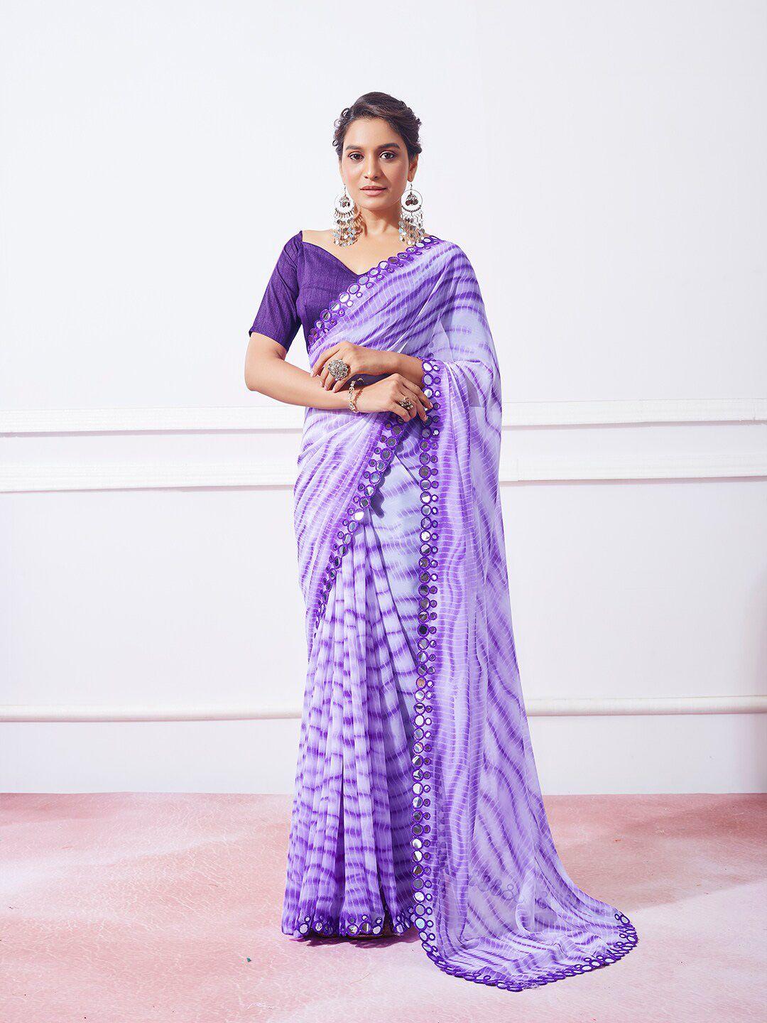 mitera purple striped mirror work pure georgette designer saree