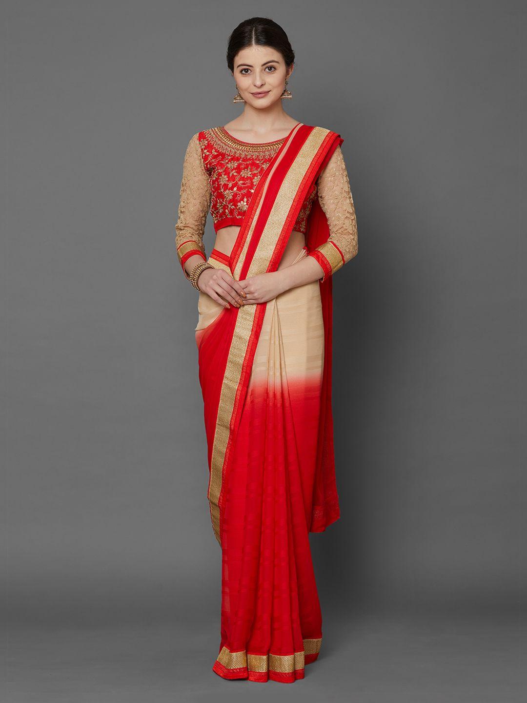 mitera red & beige poly georgette woven design saree