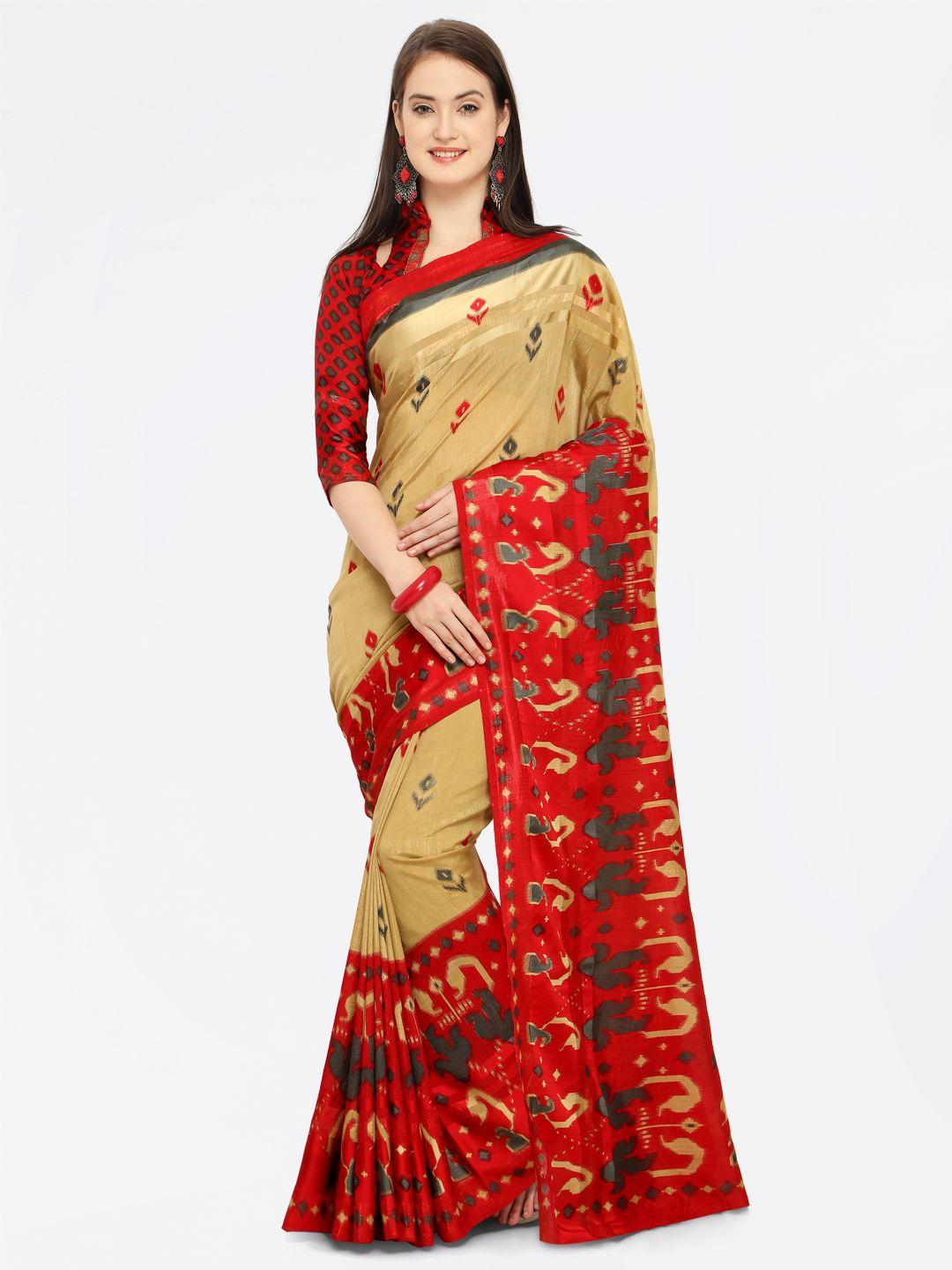 mitera red & beige satin printed saree