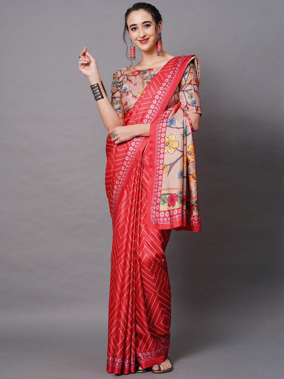 mitera red & beige silk blend geometric printed saree