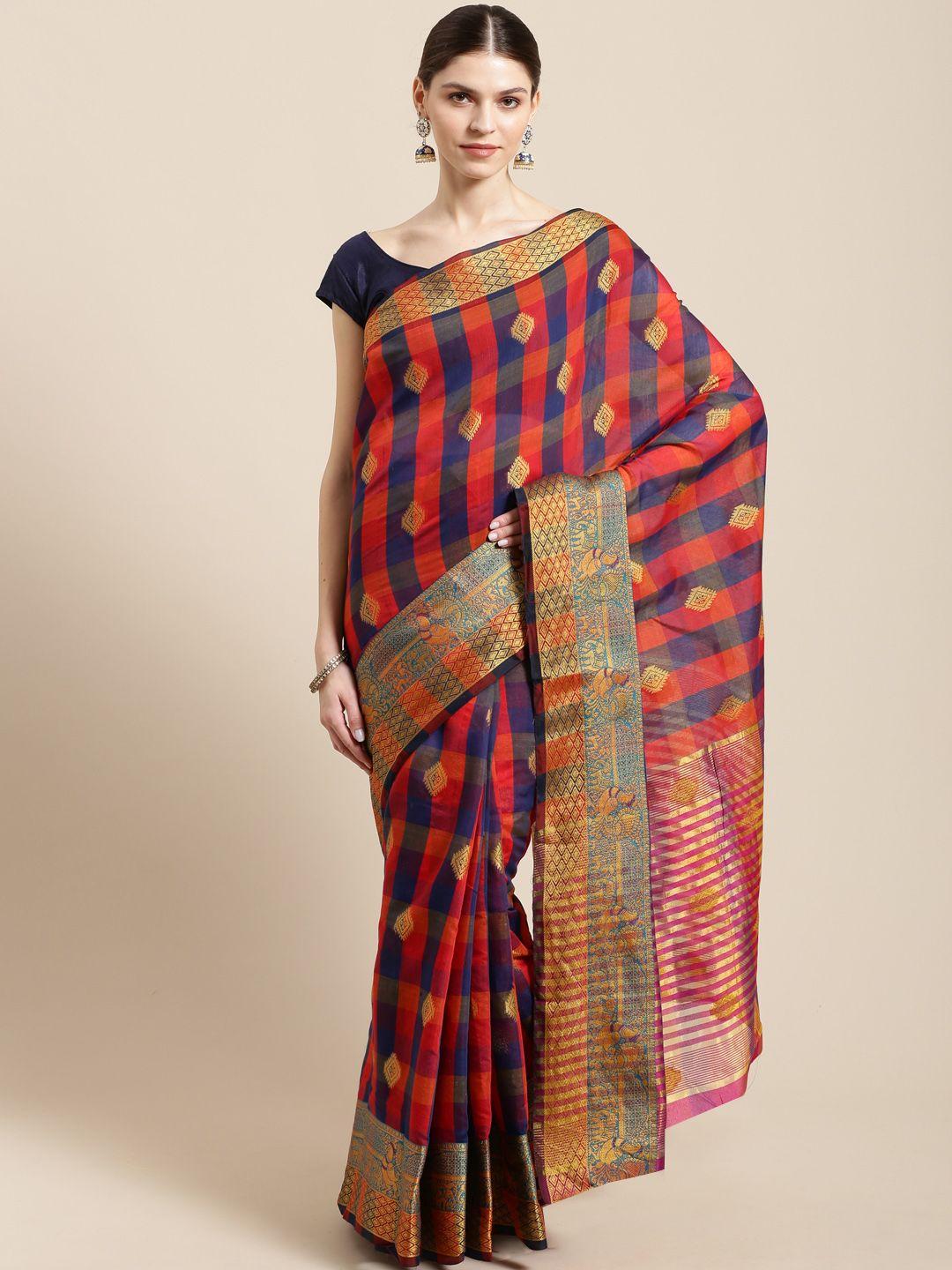 mitera red & blue checked kanjeevaram saree