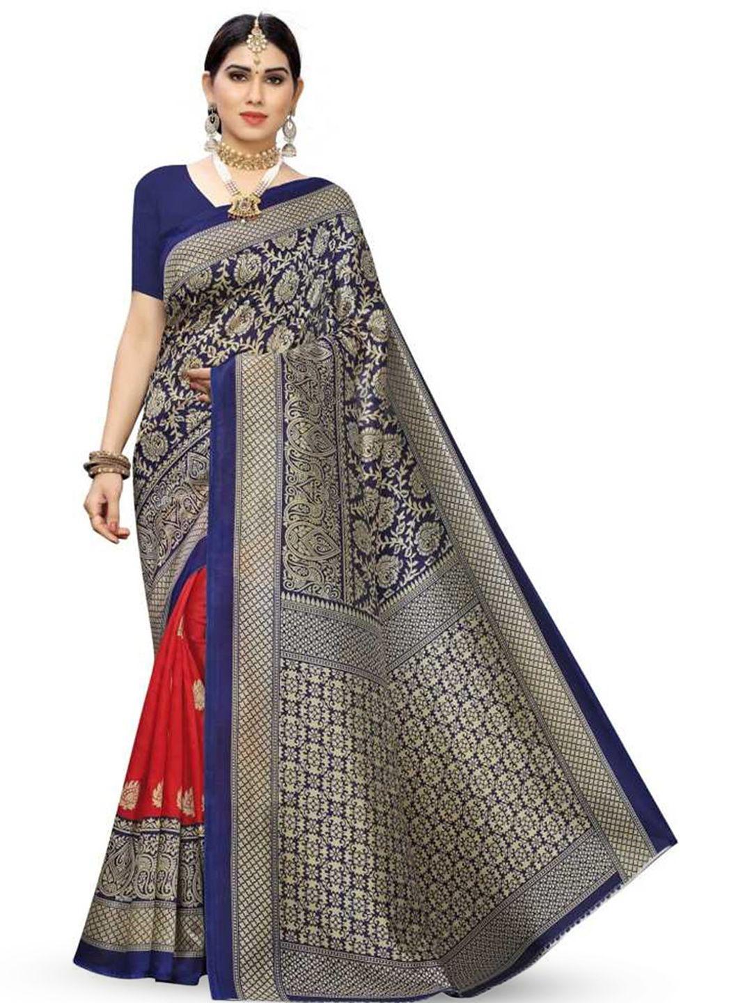 mitera red & blue ethnic motifs printed half and half saree