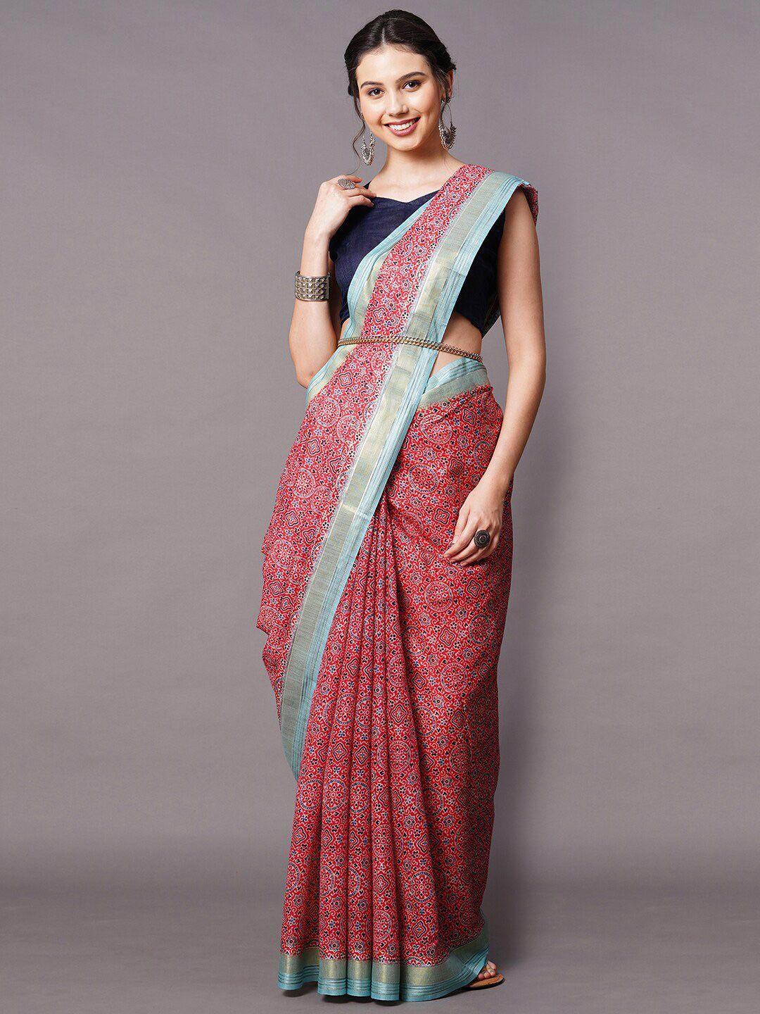 mitera red & blue floral linen blend saree