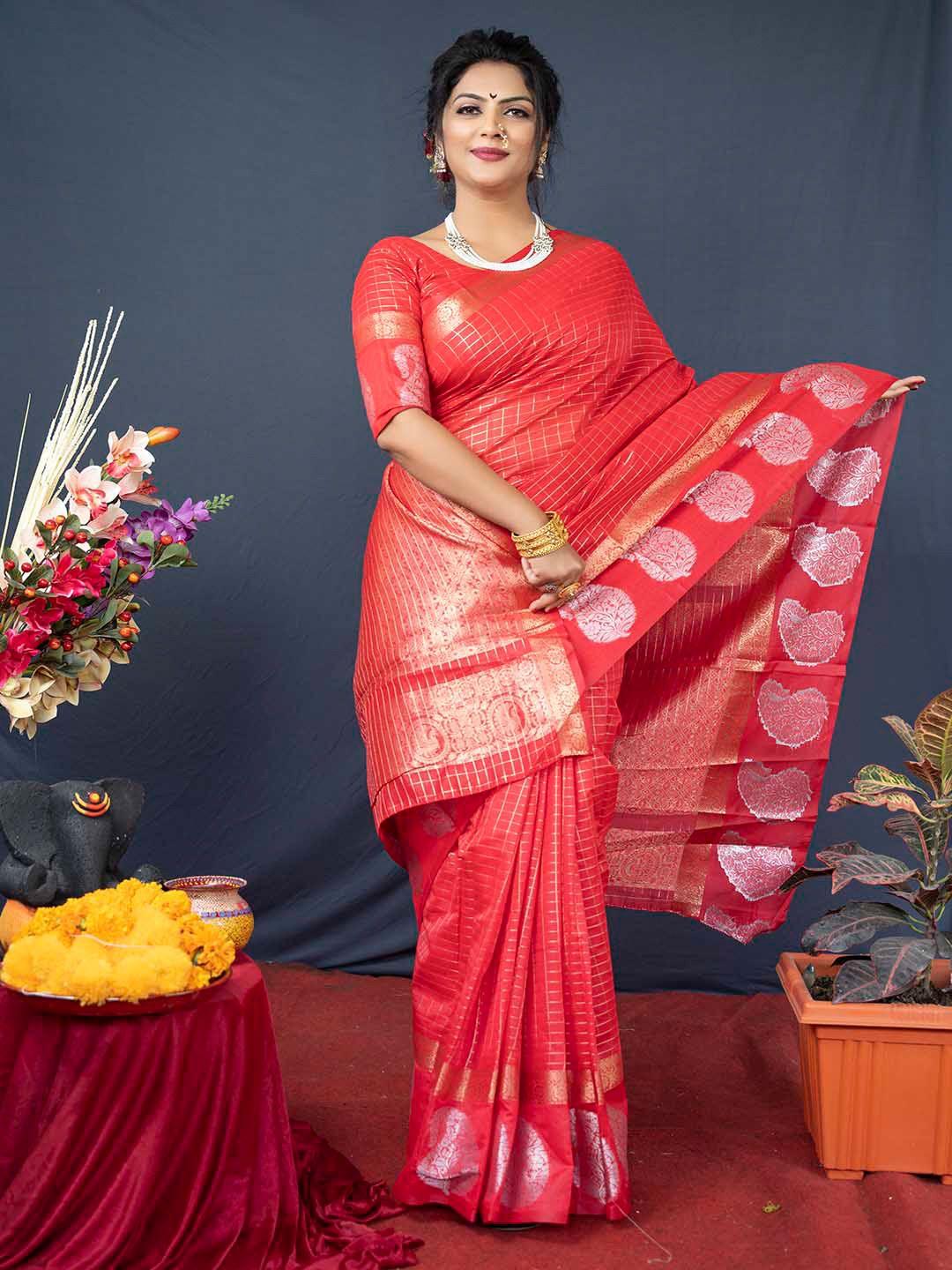 mitera red & gold-toned checked woven design zari linen silk saree