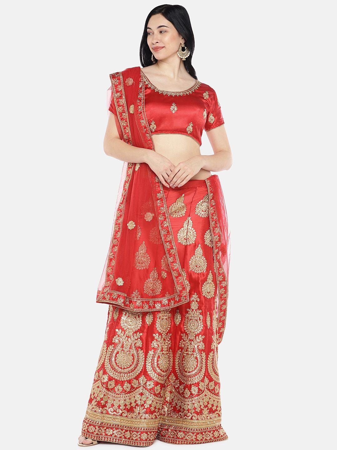 mitera red & gold-toned embroidered semi-stitched lehenga & unstitched blouse with dupatta