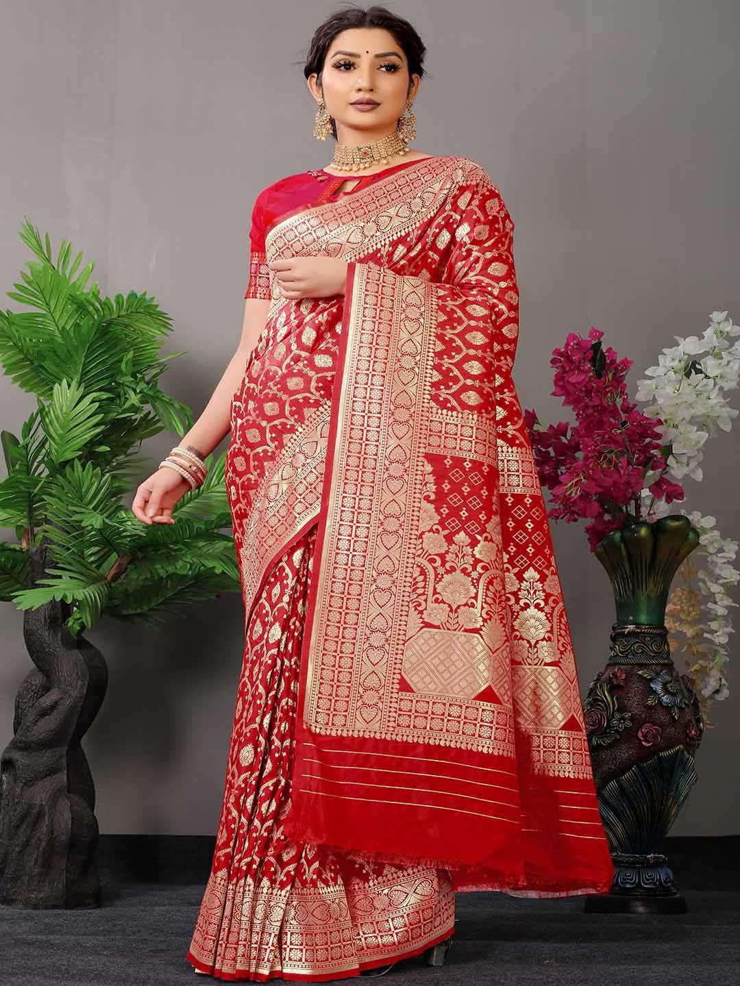 mitera red & gold-toned ethnic motif woven design zari saree