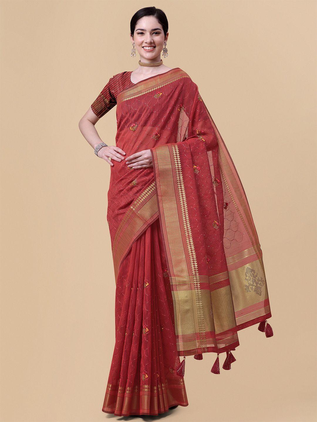 mitera red & gold-toned ethnic motifs embroidered pure linen saree