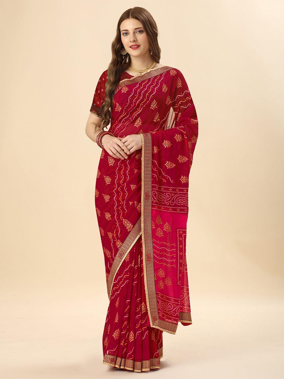 mitera red & gold-toned ethnic motifs printed beads and stones pure georgette saree