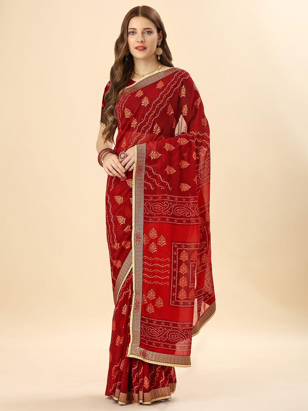 mitera red & gold-toned ethnic motifs printed beads and stones pure georgette saree