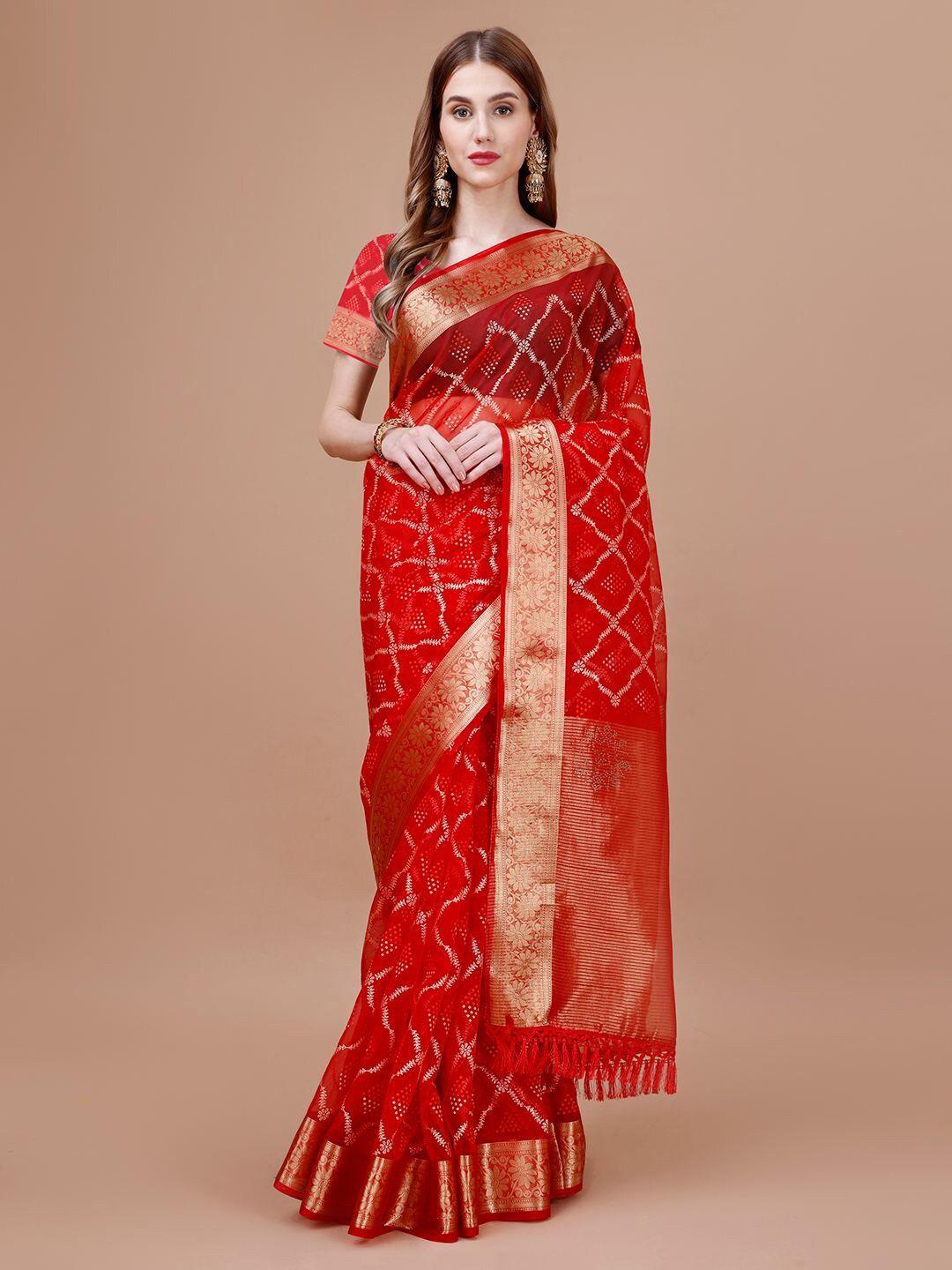 mitera red & gold toned ethnic motifs printed zari organza saree