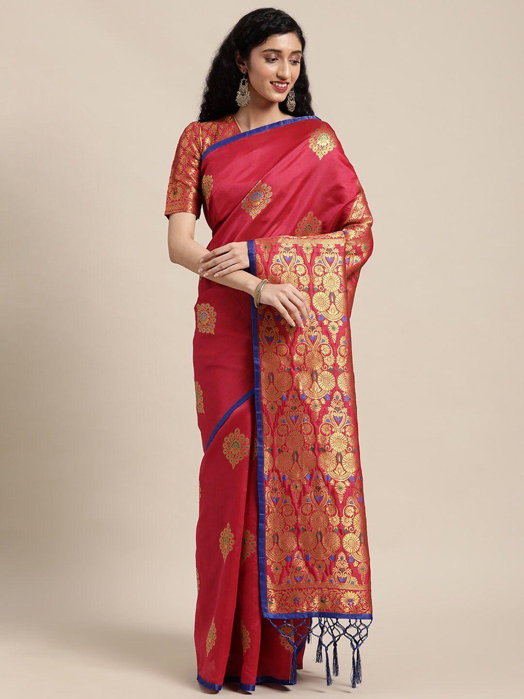 mitera red & gold-toned ethnic motifs woven design zari banarasi saree