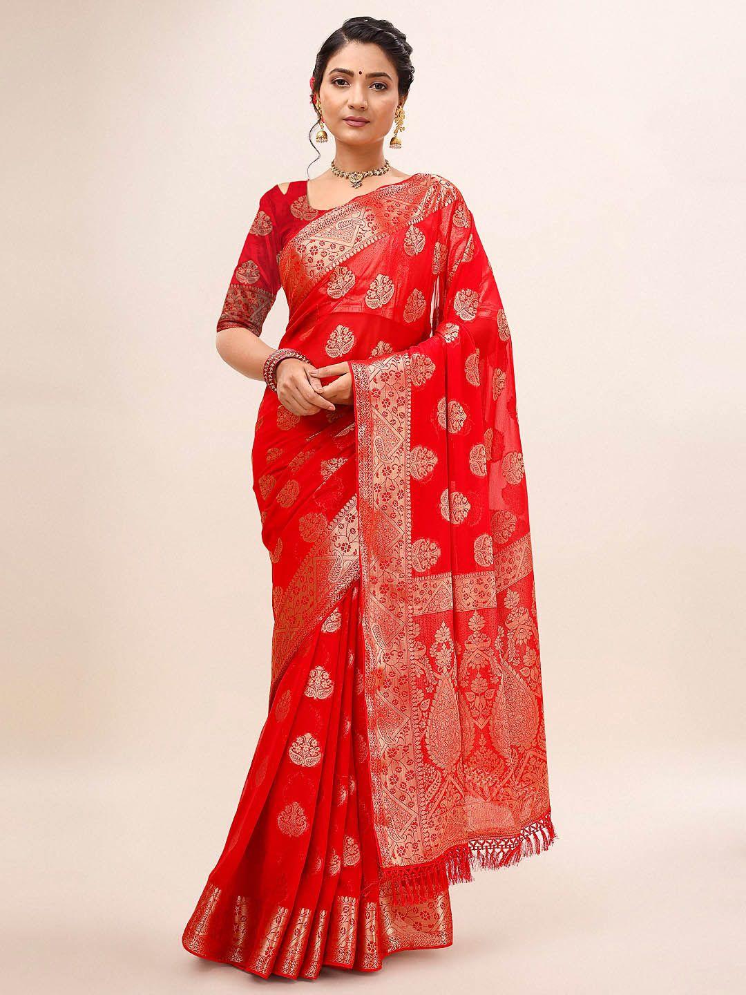 mitera red & gold-toned ethnic motifs woven design zari pure chiffon saree