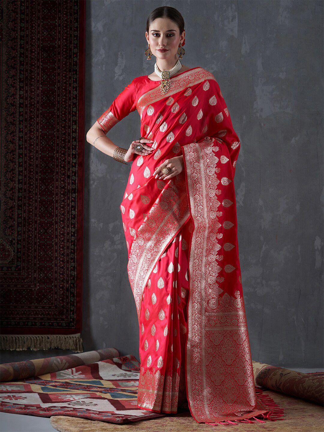 mitera red & gold-toned ethnic motifs woven design zari saree