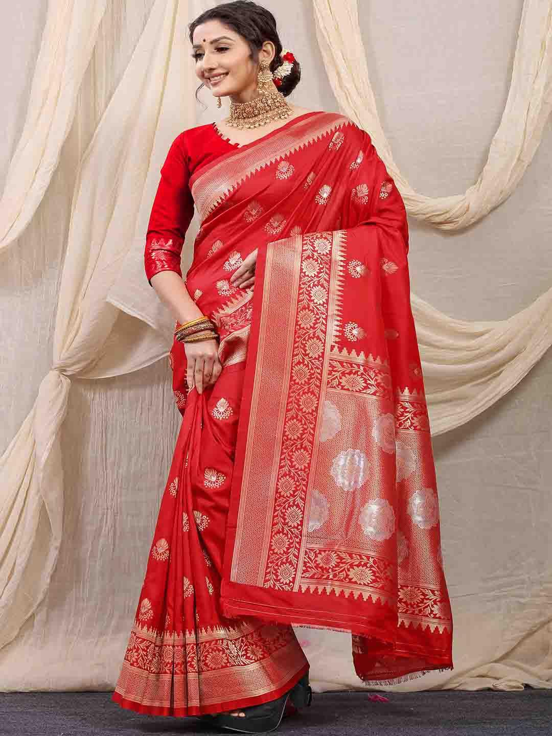 mitera red & gold-toned ethnic motifs woven design zari saree