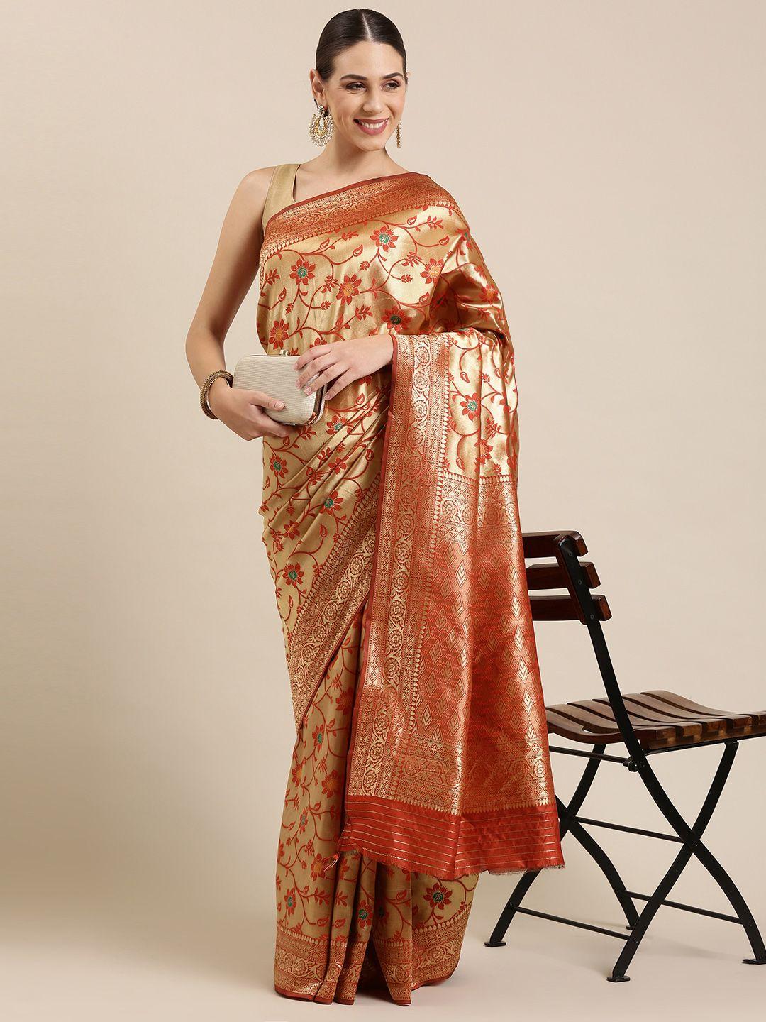 mitera red & gold-toned floral zari saree