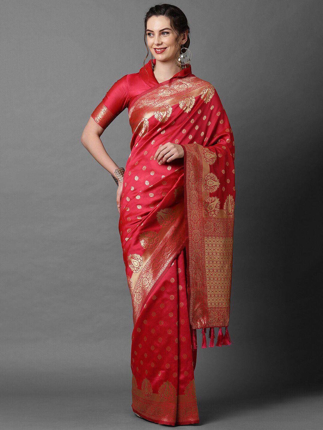 mitera red & gold-toned floral zari silk blend banarasi saree