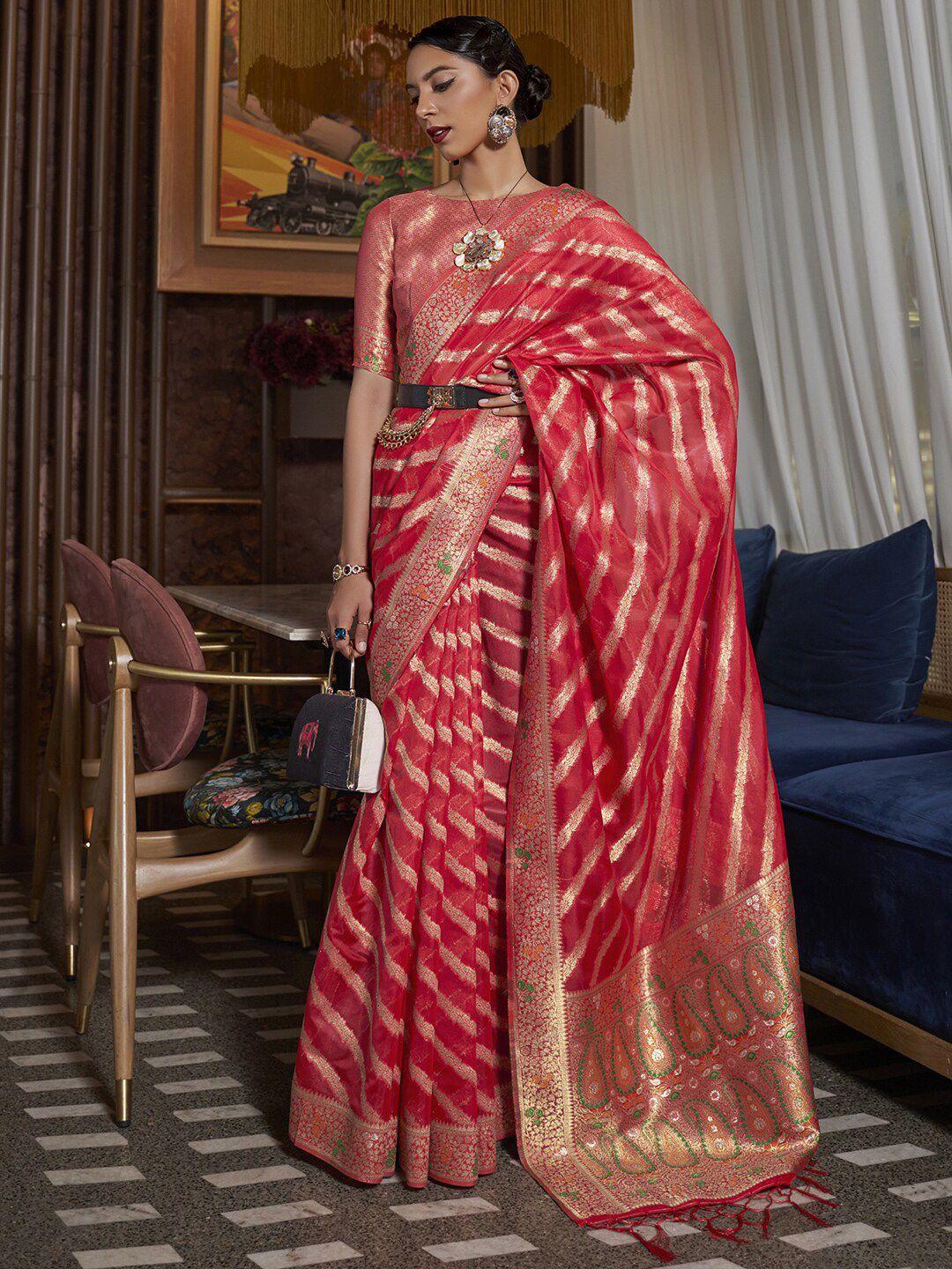 mitera red & gold-toned leheriya zari organza leheriya saree