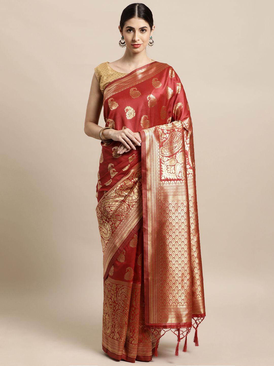 mitera red & gold-toned paisley zari silk blend banarasi saree