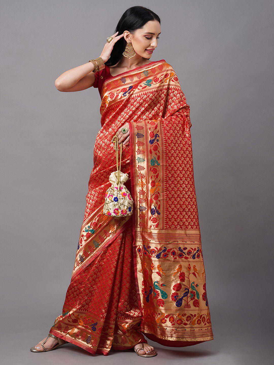 mitera red & gold-toned paisley zari silk blend saree