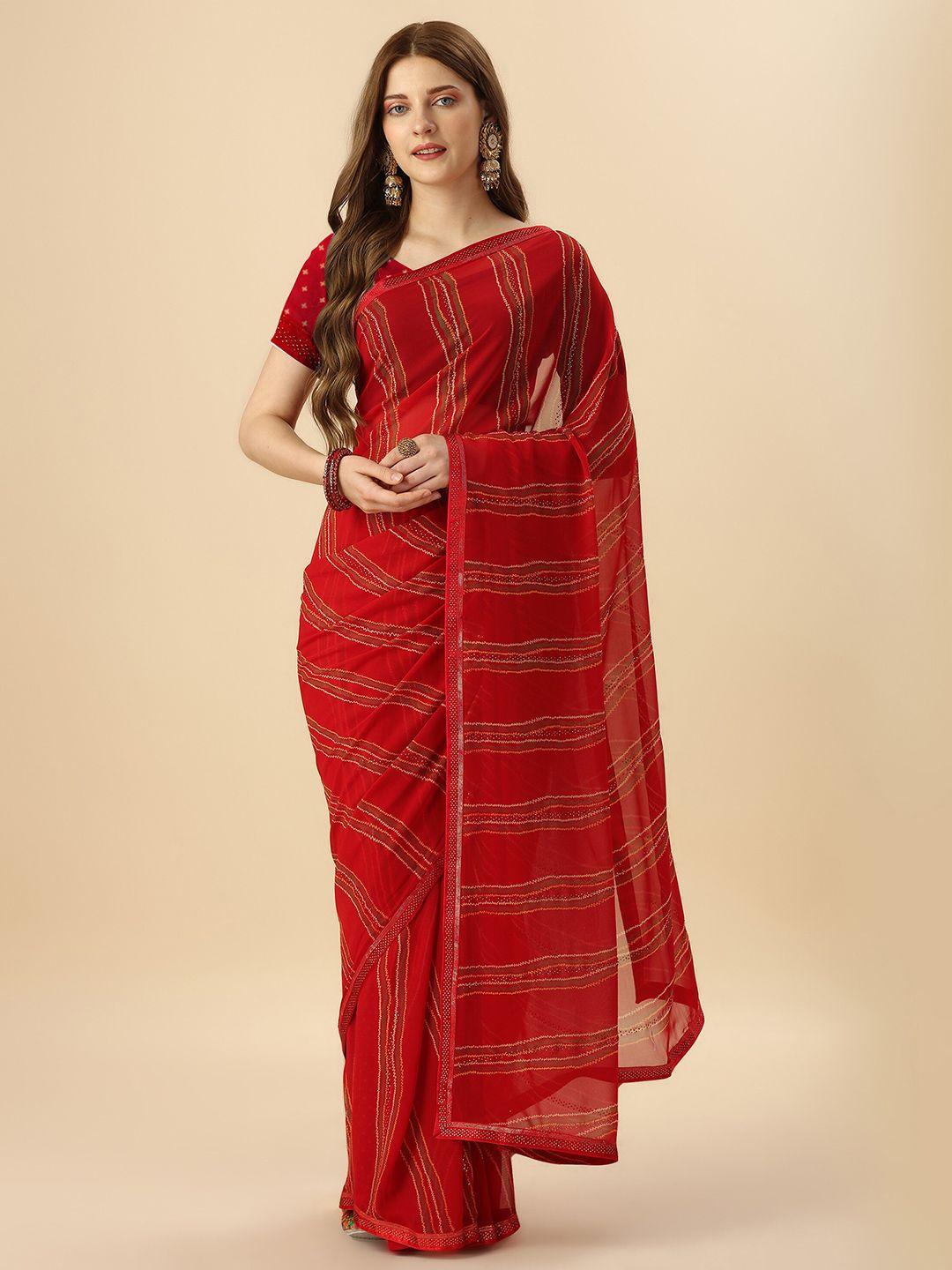 mitera red & gold-toned striped beads & stone work pure georgette saree