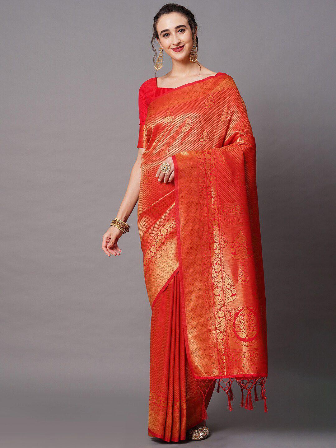 mitera red & gold-toned woven design silk blend banarasi saree