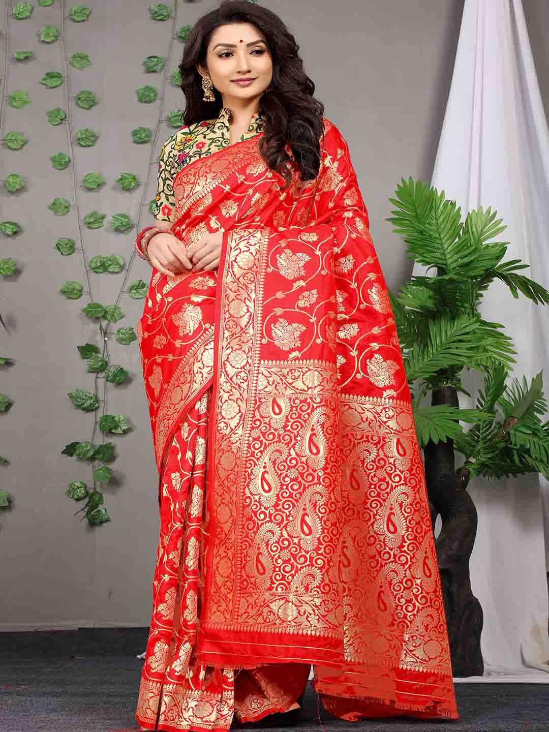 mitera red & gold-toned woven design zari art silk saree