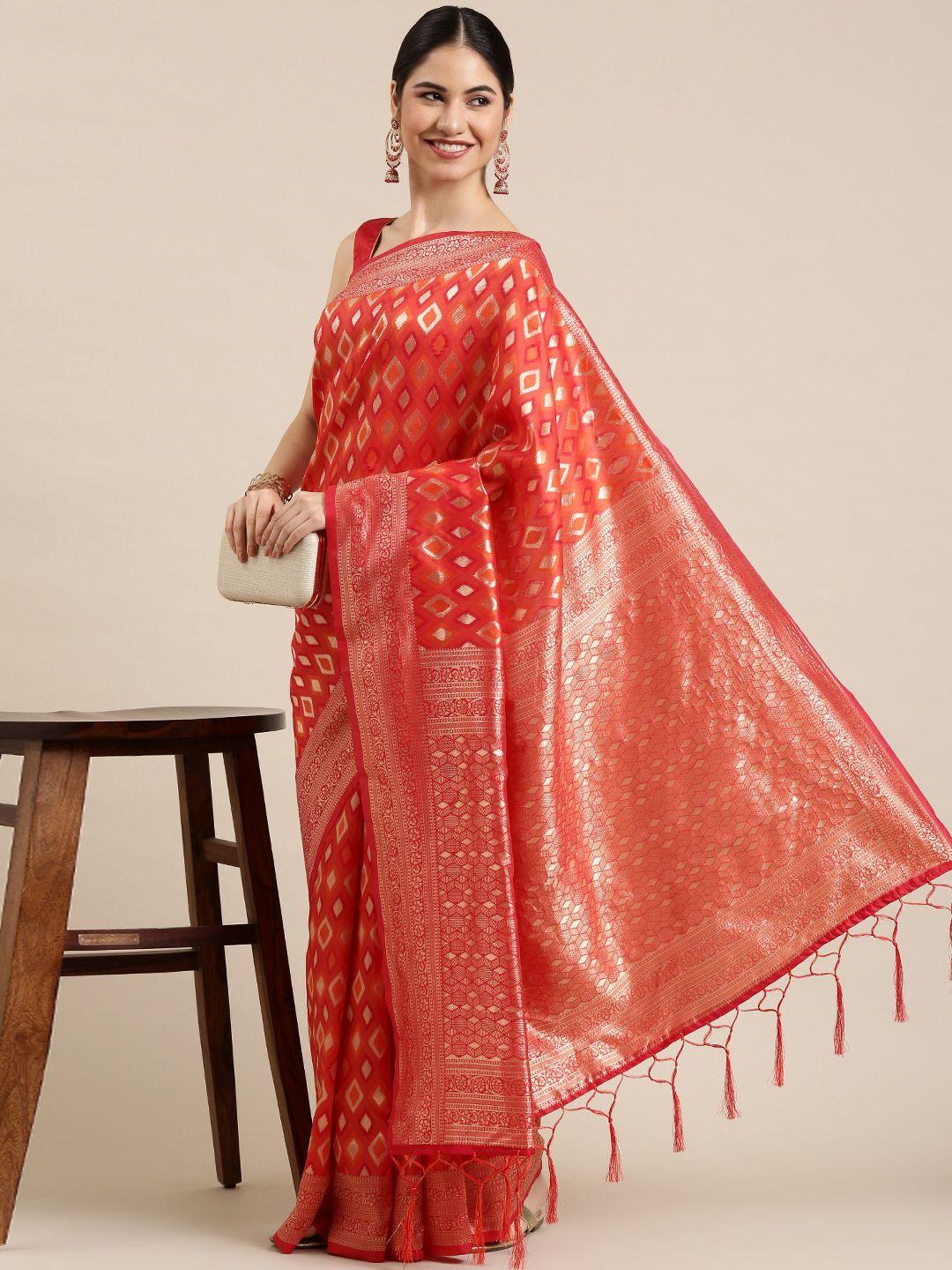 mitera red & gold-toned zari silk blend kanjeevaram saree