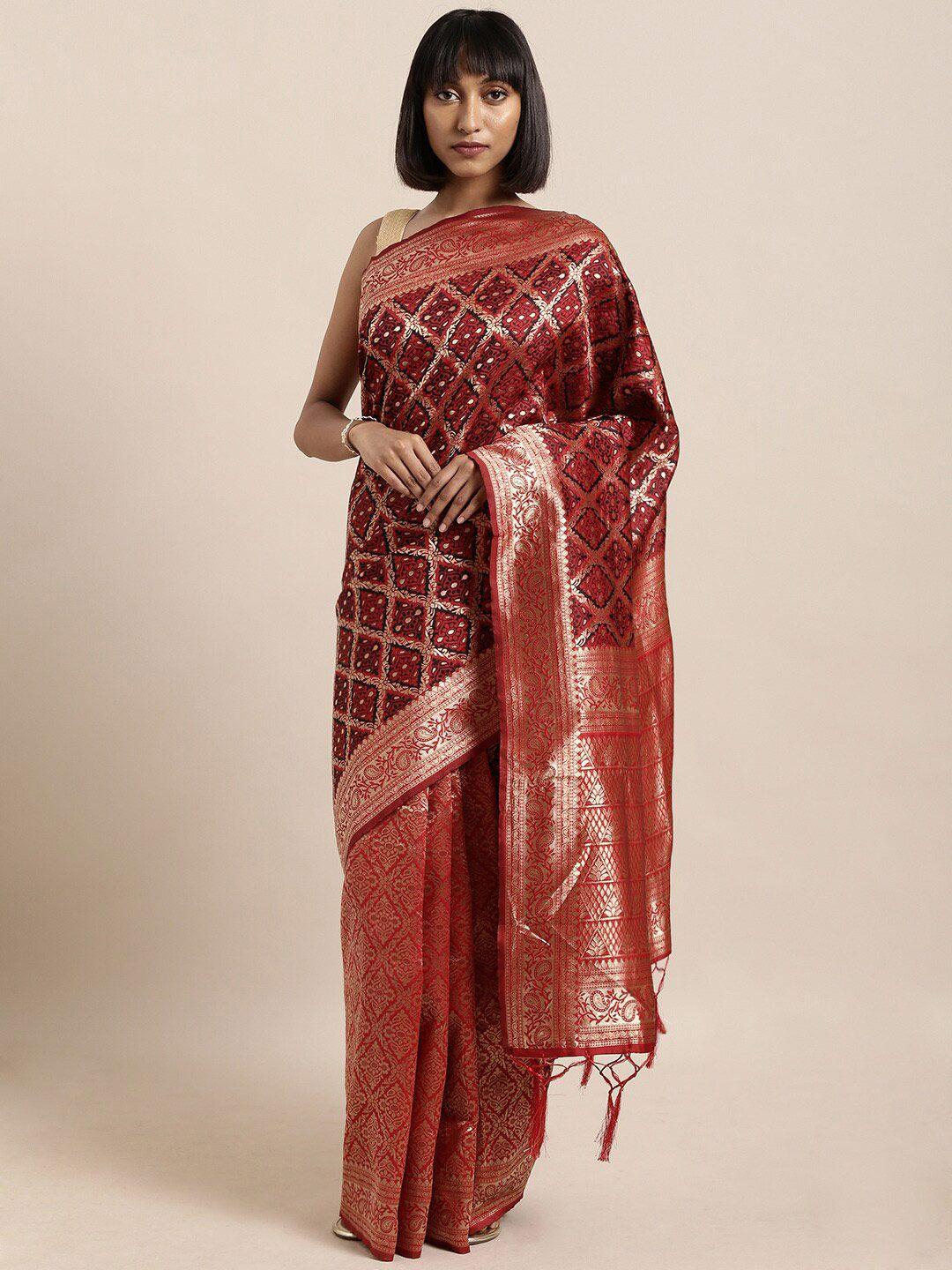 mitera red & golden ethnic motifs zari silk blend banarasi saree