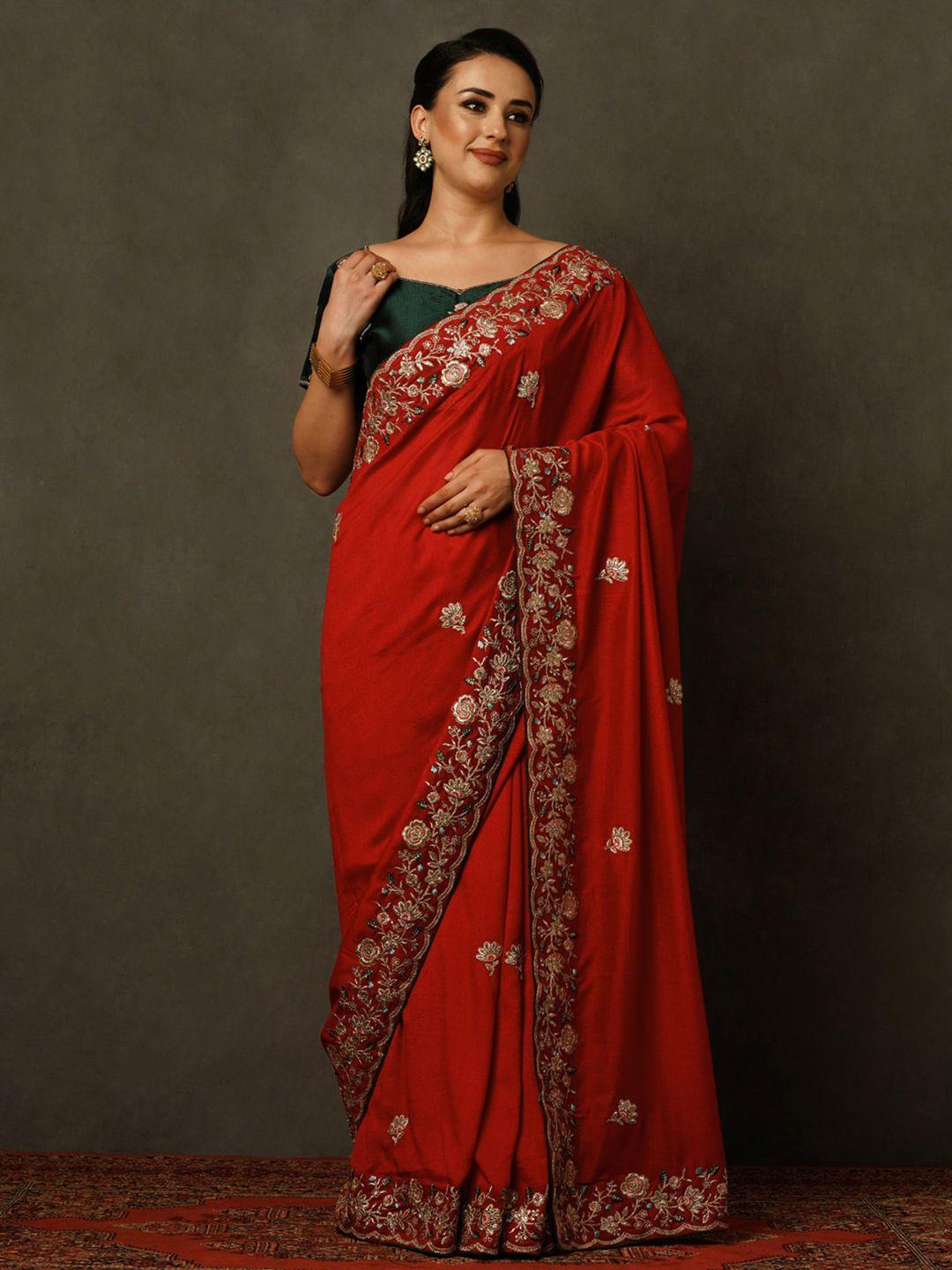 mitera red & green ethnic motifs embroidered saree