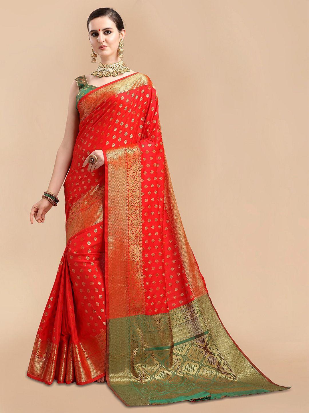 mitera red & green ethnic motifs zari silk blend fusion banarasi saree