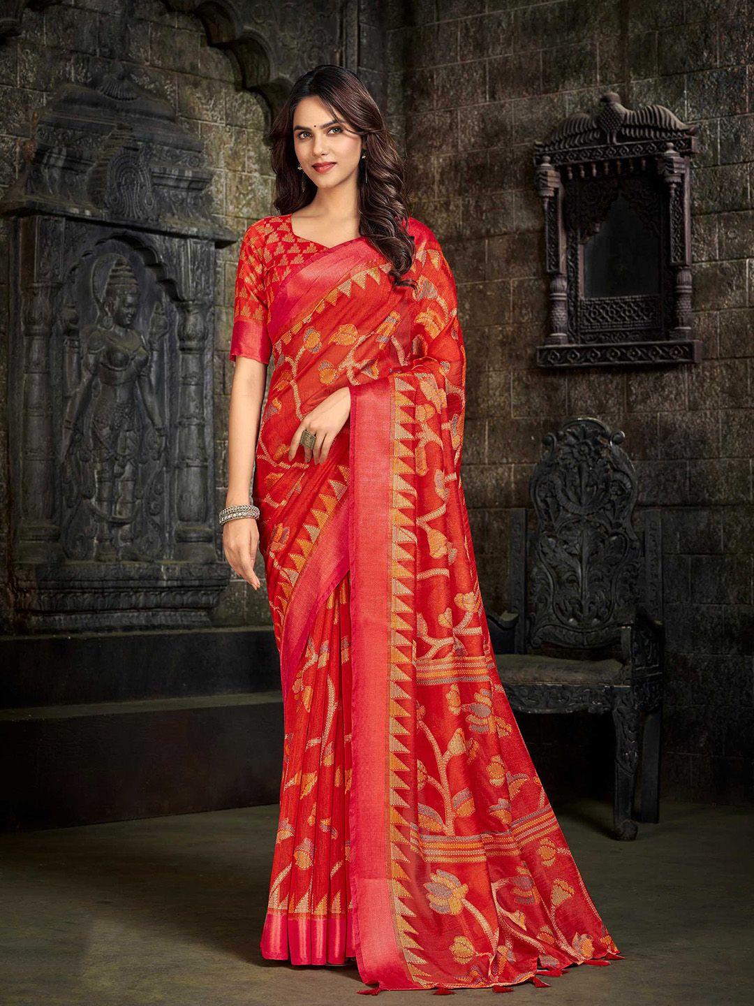 mitera red & green floral pure linen jamdani saree