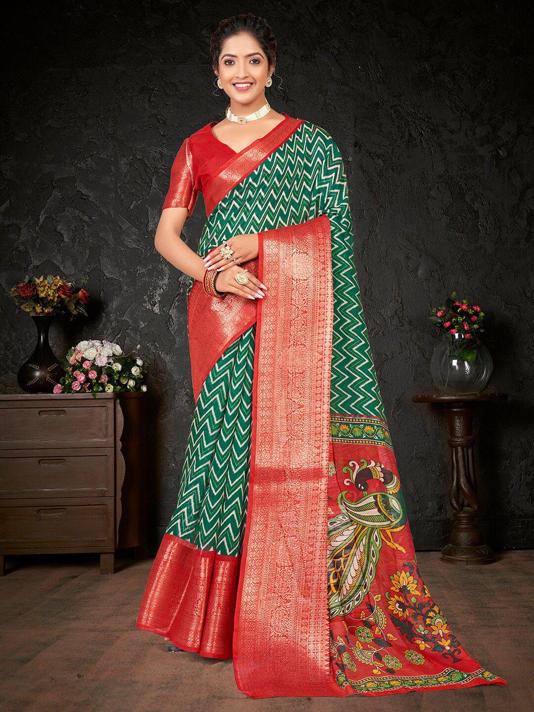 mitera red & green geometric printed zari sungudi saree