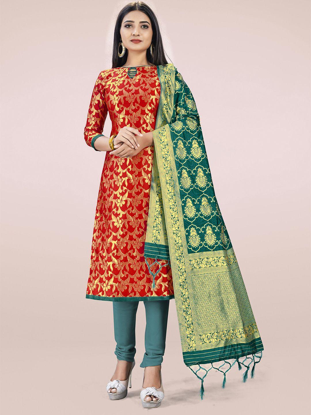 mitera red & green silk blend unstitched dress material