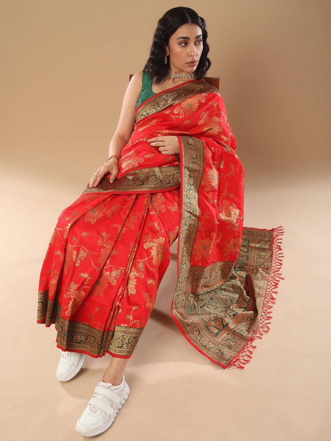 mitera red & green woven design zari silk blend banarasi saree