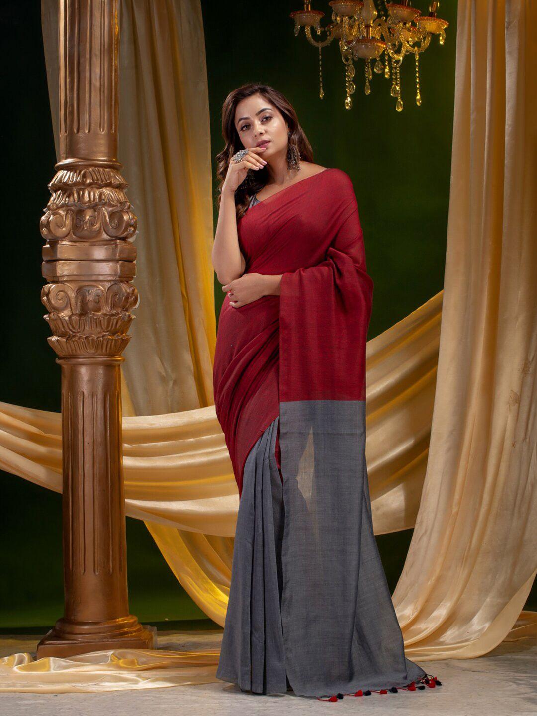 mitera red & grey colourblocked pure cotton saree