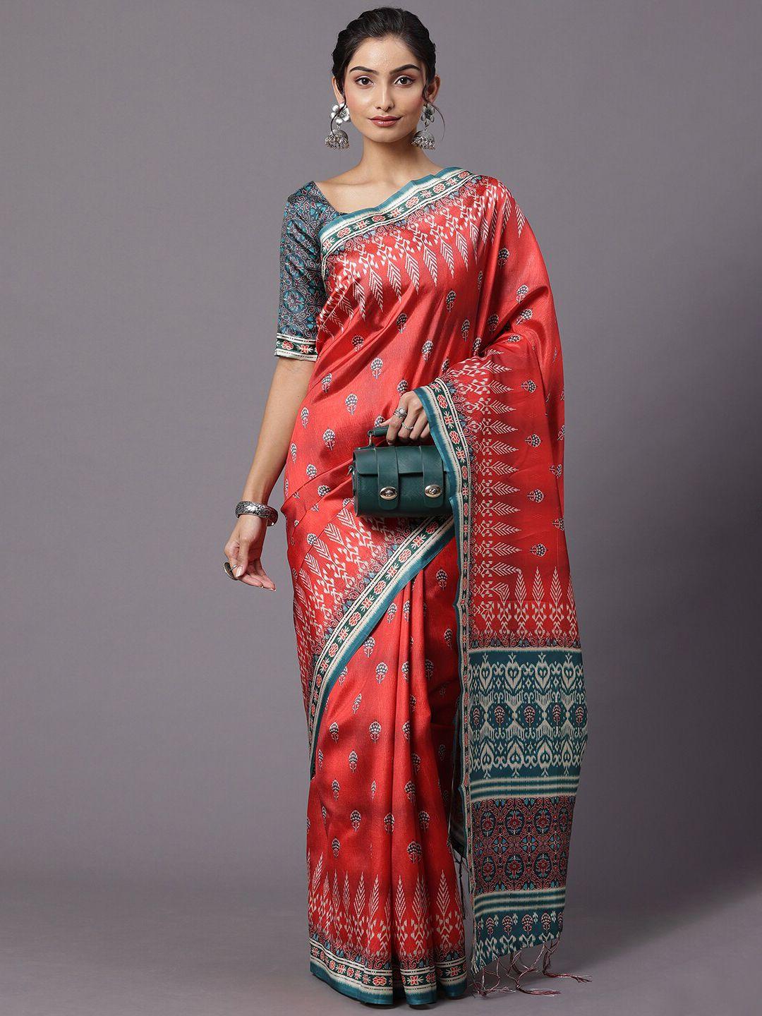 mitera red & grey ethnic motifs silk blend block print saree