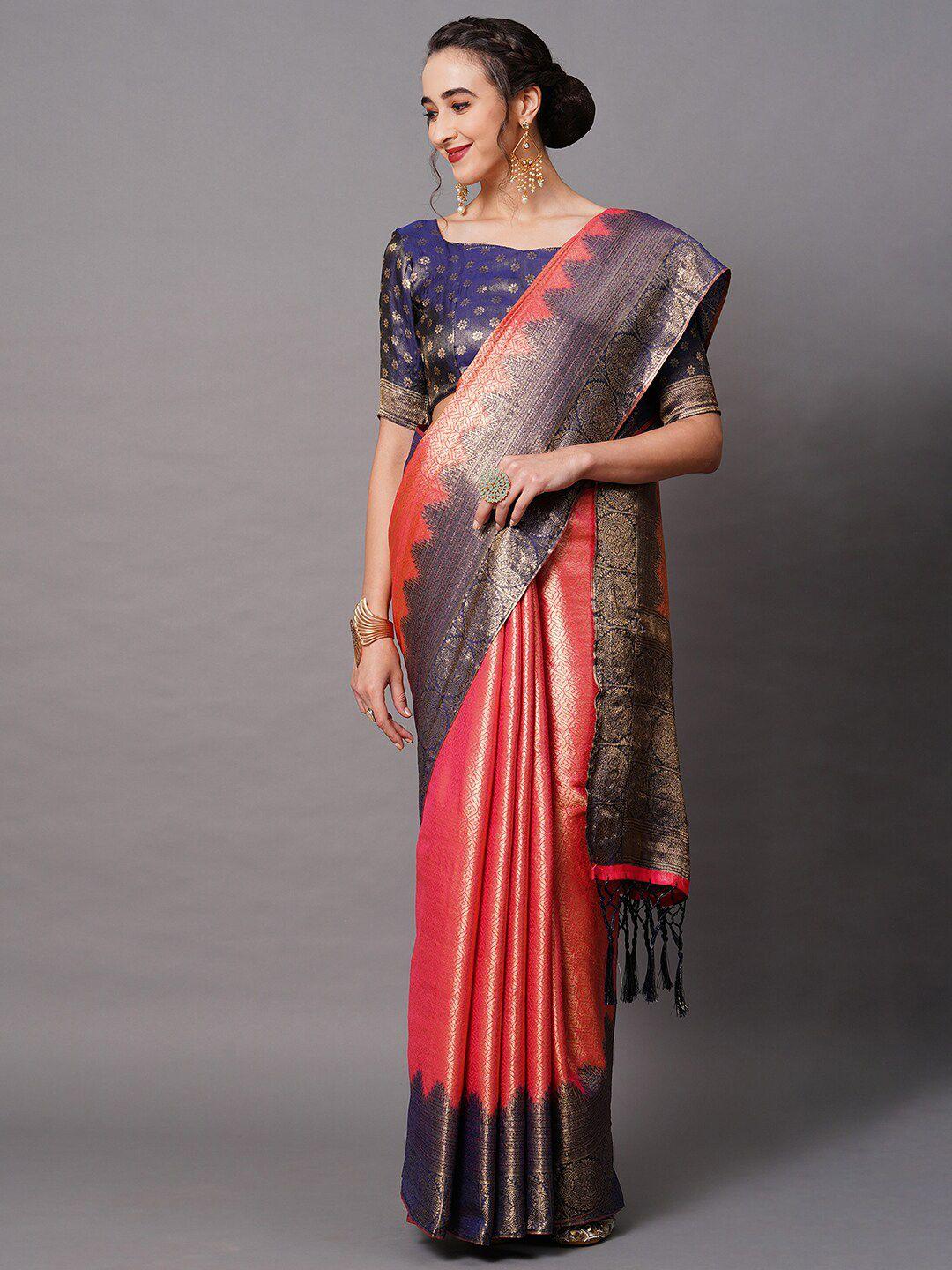 mitera red & grey woven design silk blend banarasi saree