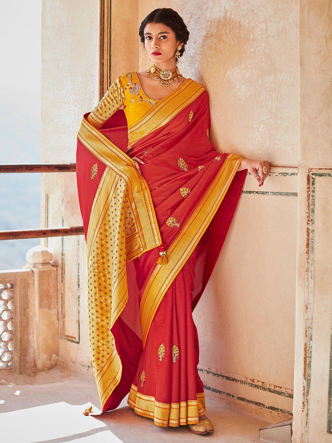 mitera red & orange floral zari silk blend saree