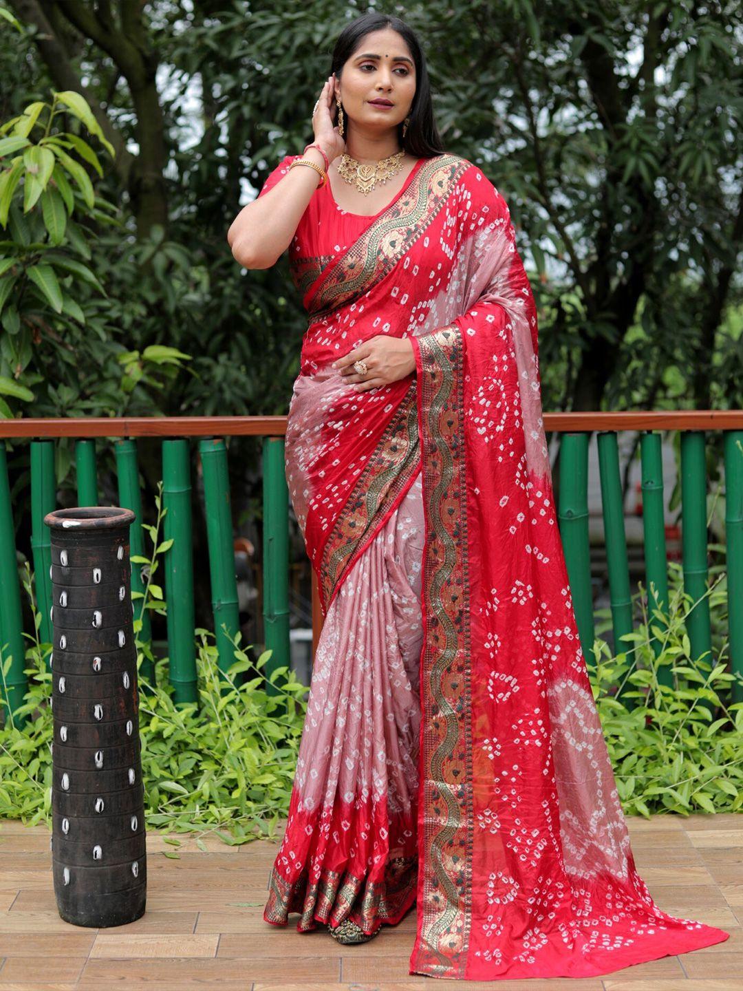 mitera red & pink bandhani printed zari silk saree