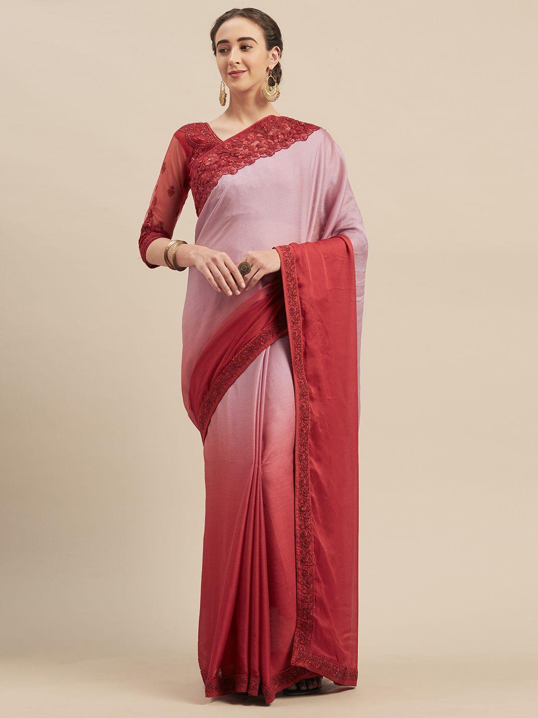 mitera red & pink poly georgette embroidered saree