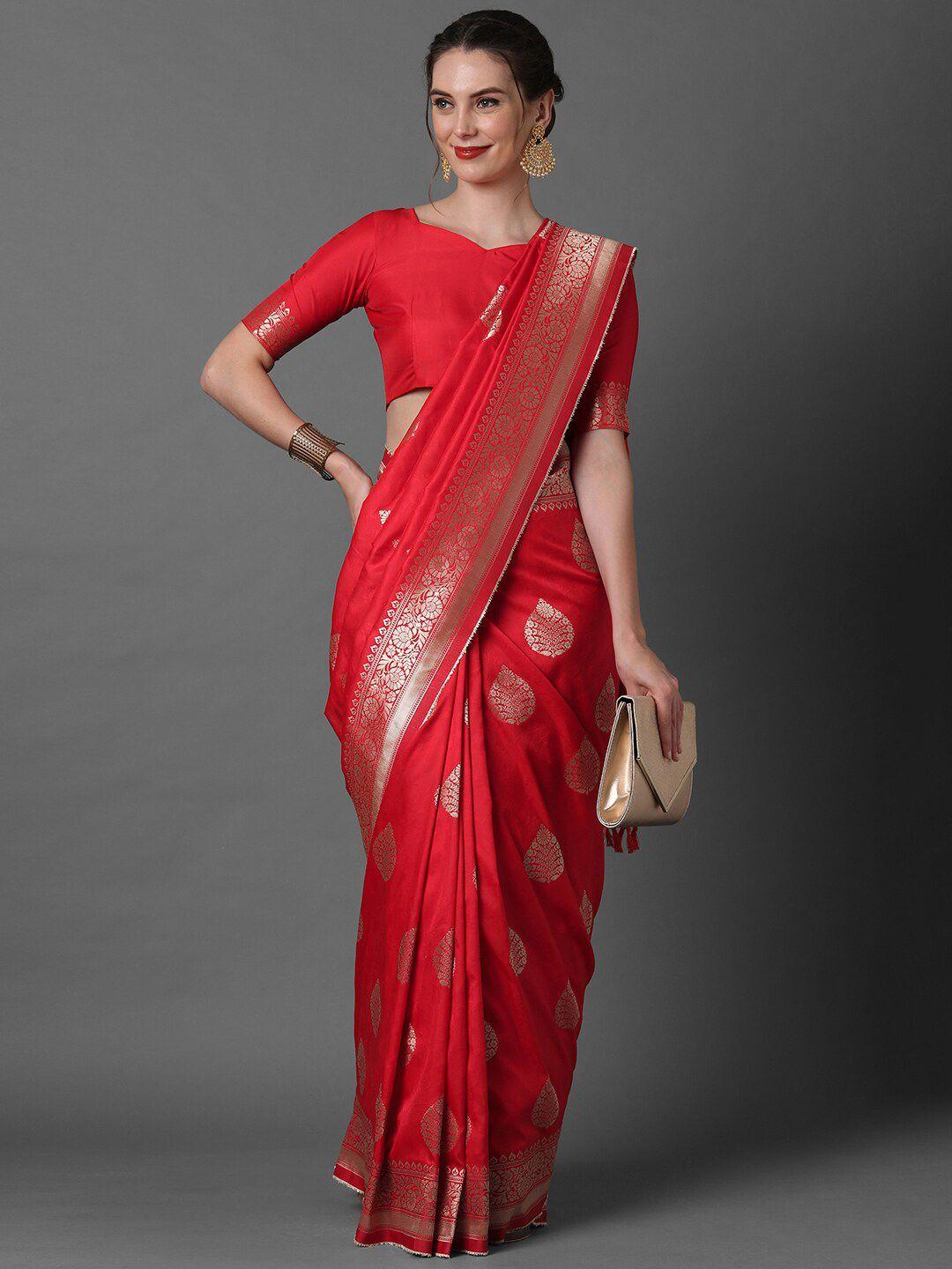 mitera red & silver-coloured ethnic motifs zari woven design silk blend banarasi saree