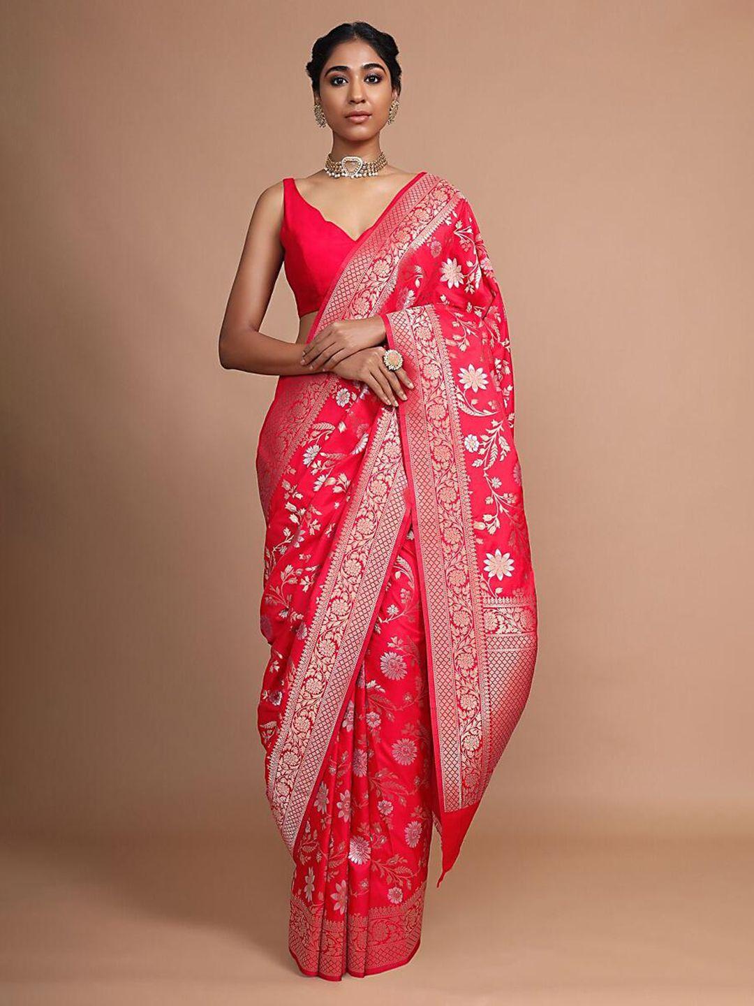 mitera red & silver-toned woven design zari art silk banarasi saree