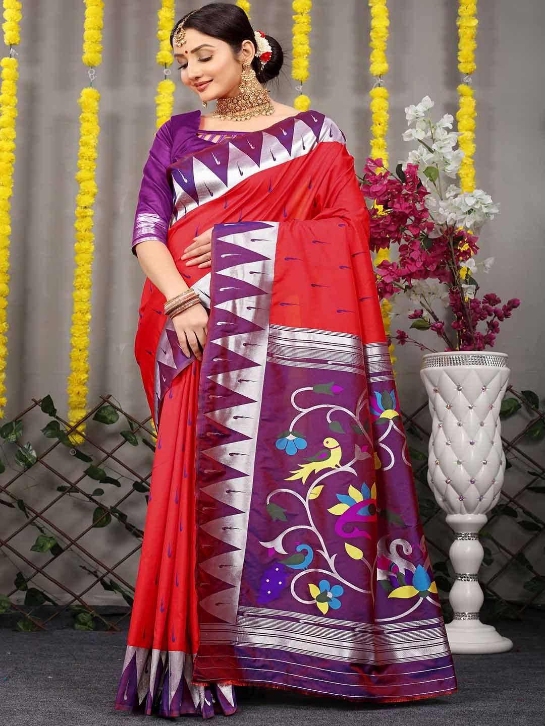 mitera red & silver-toned woven design zari art silk saree