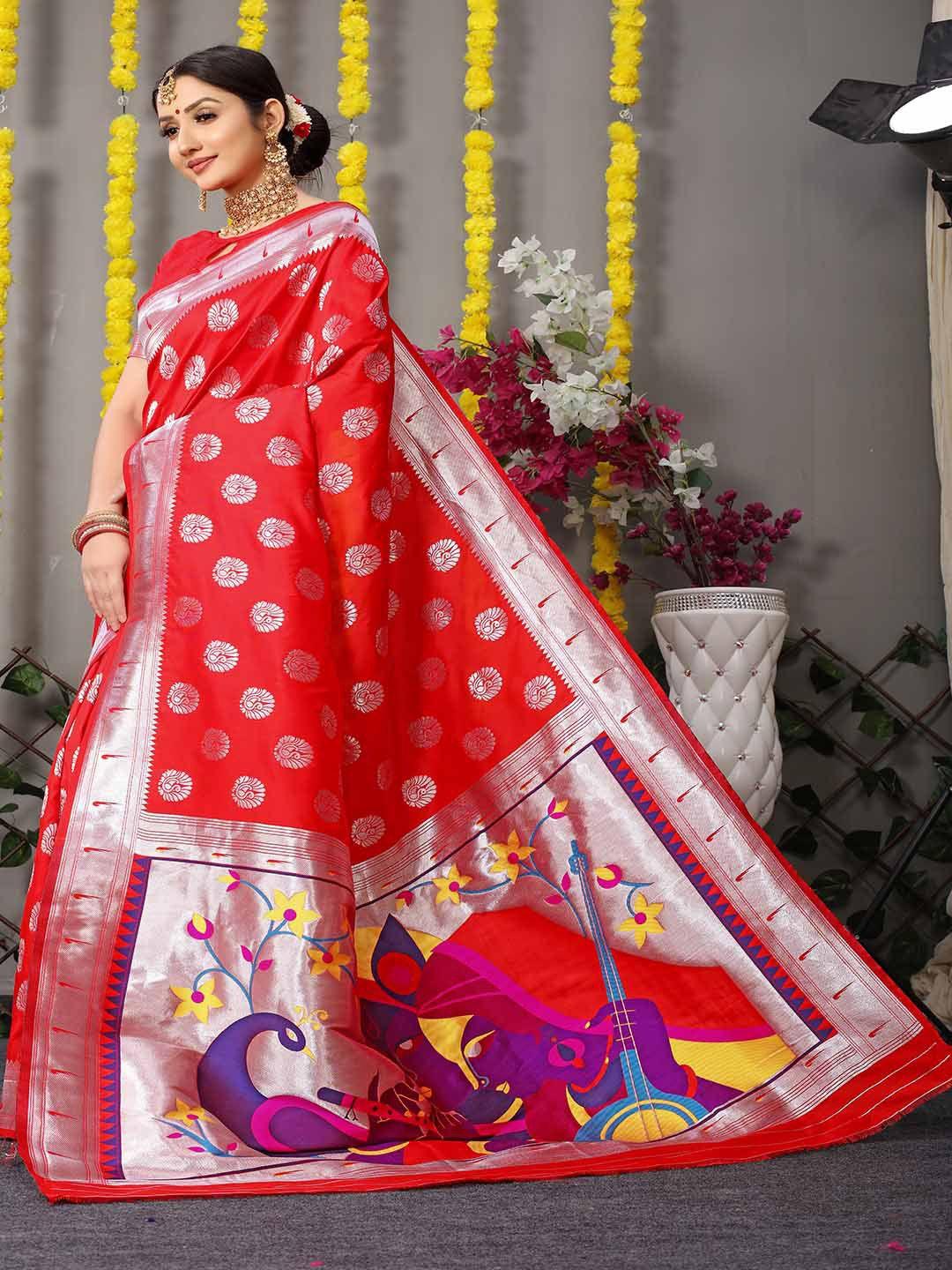 mitera red & silver-toned woven design zari art silk saree