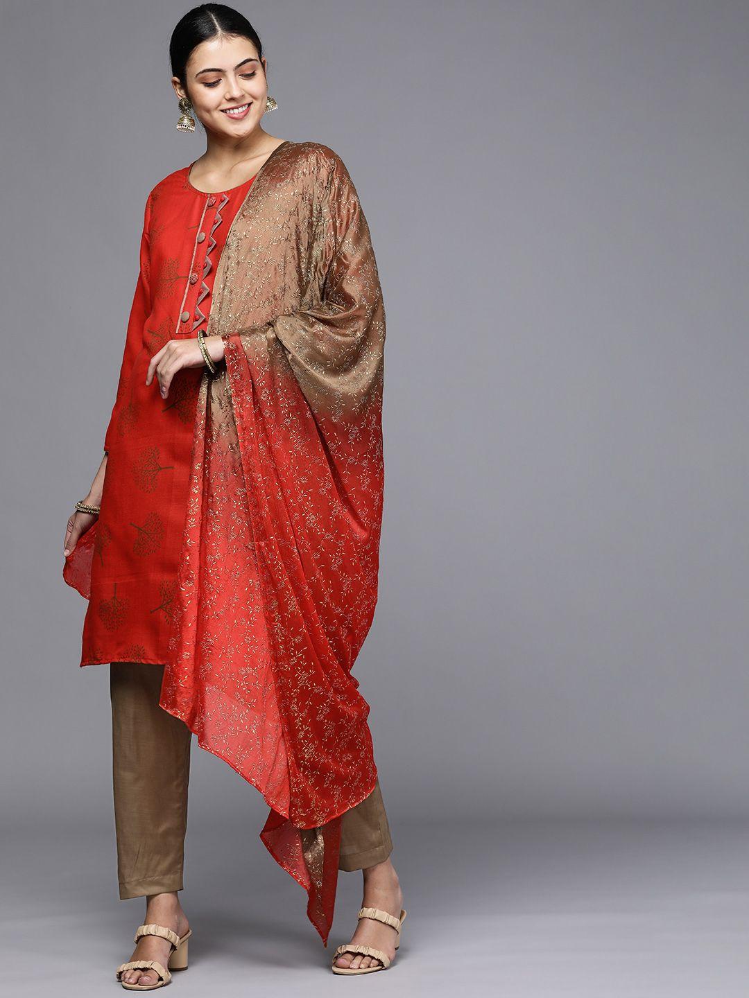 mitera red & taupe printed unstitched dress material
