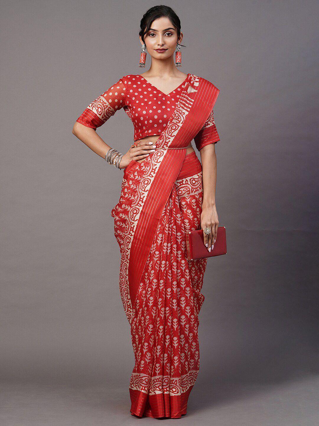 mitera red & white brasso ethnic printed batik zari brasso ikat saree