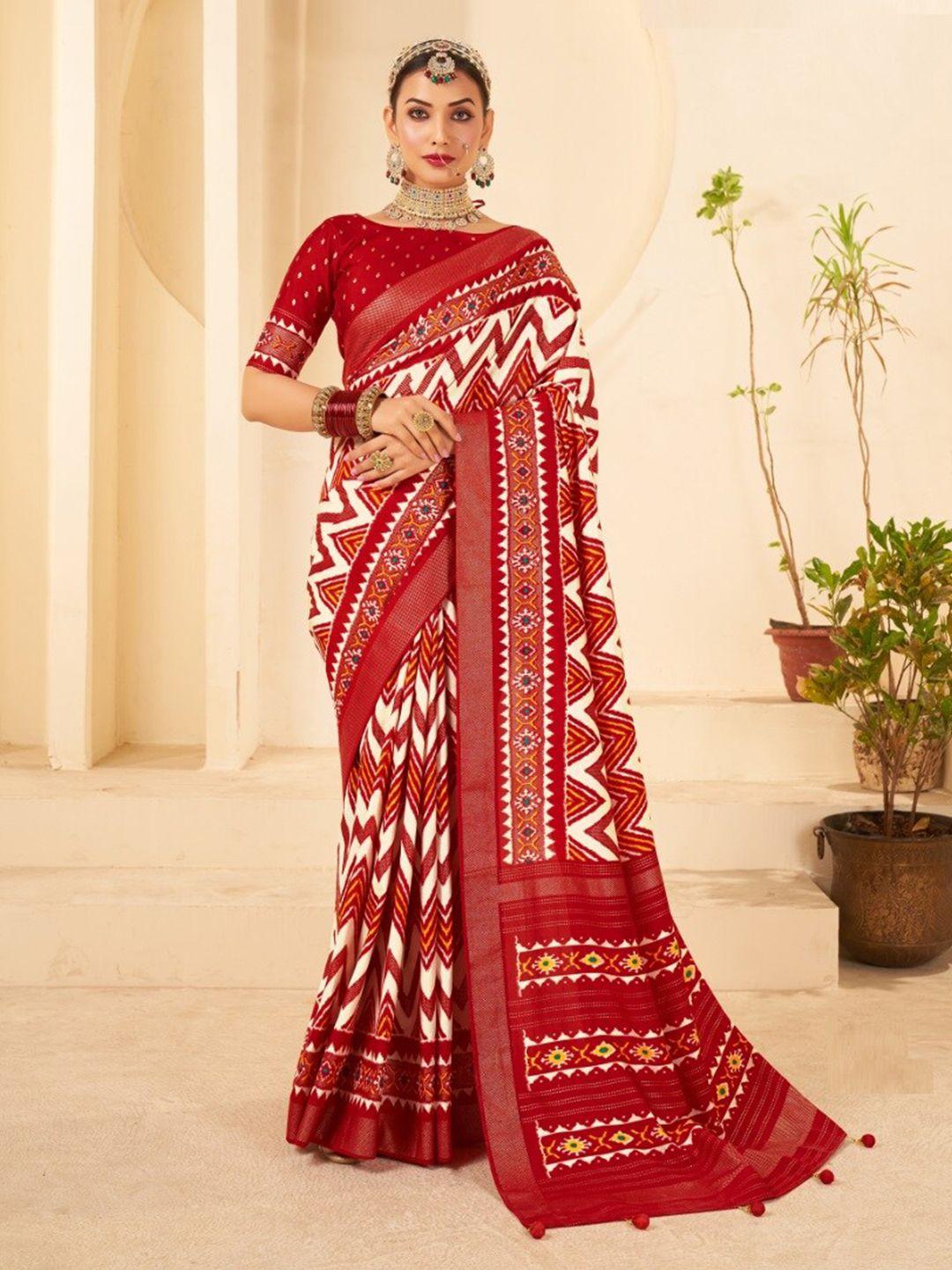 mitera red & white chevron printed zari ikat saree