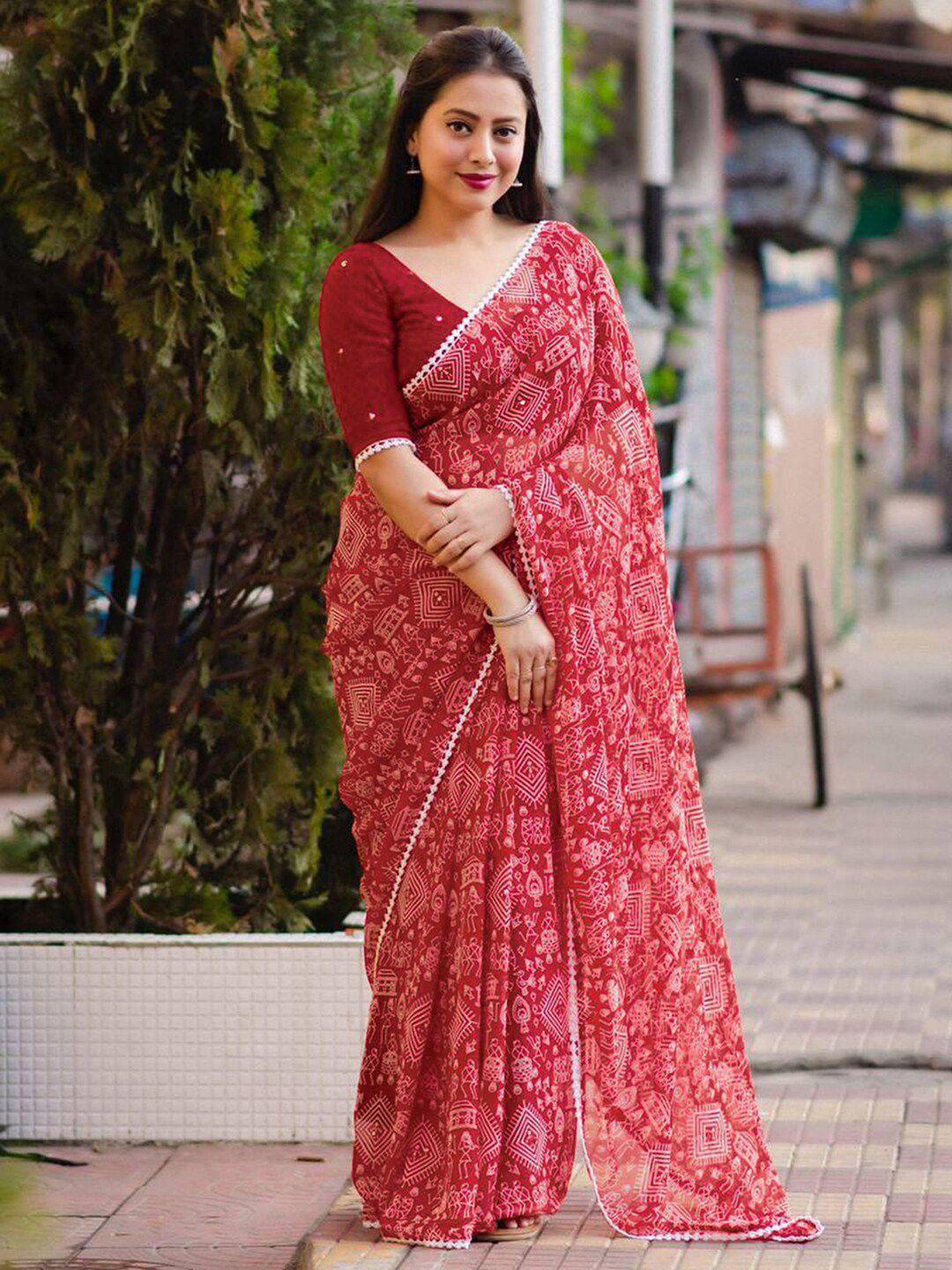 mitera red & white ethnic motifs printed saree