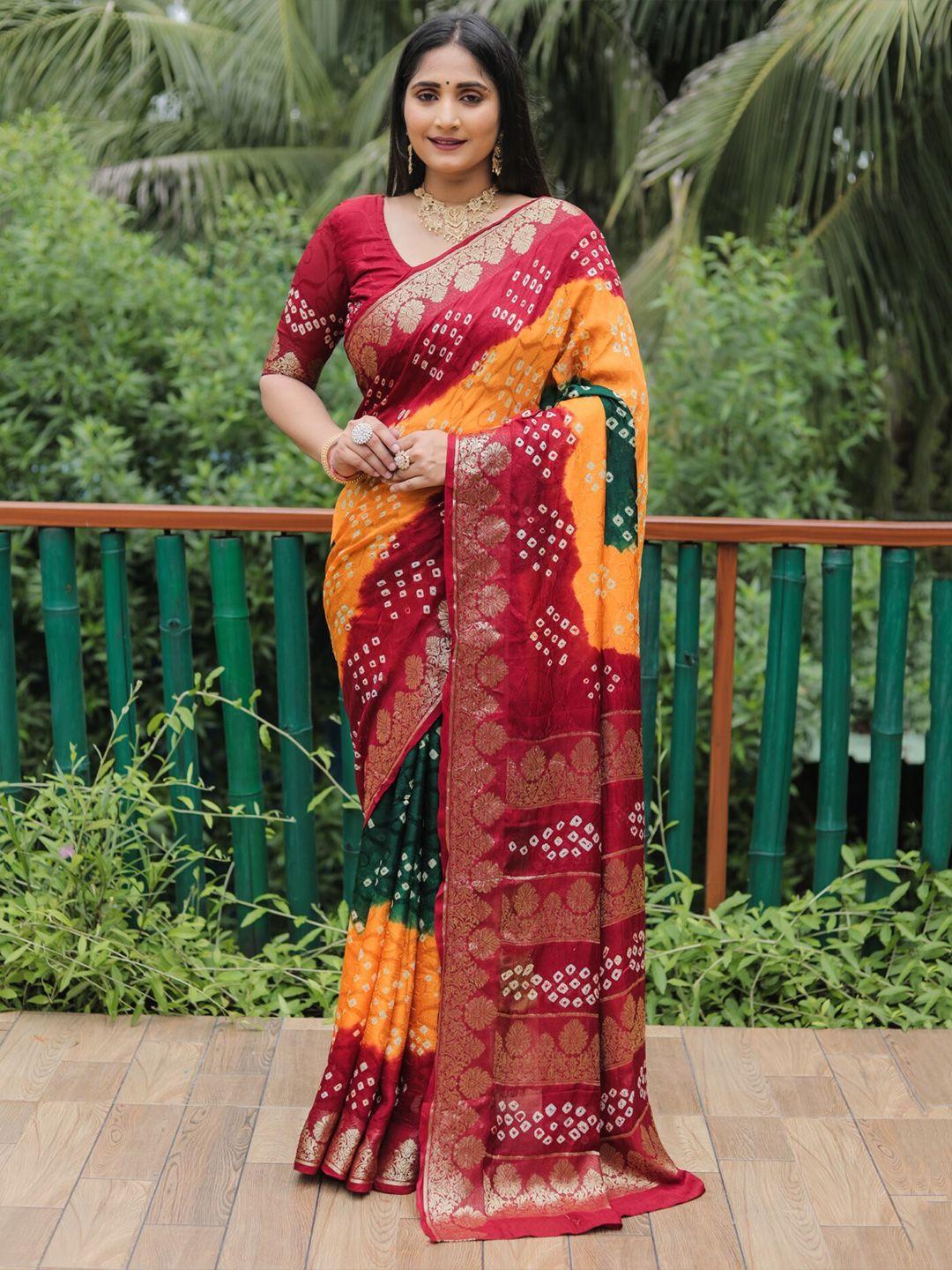 mitera red & yellow bandhani printed zari silk saree